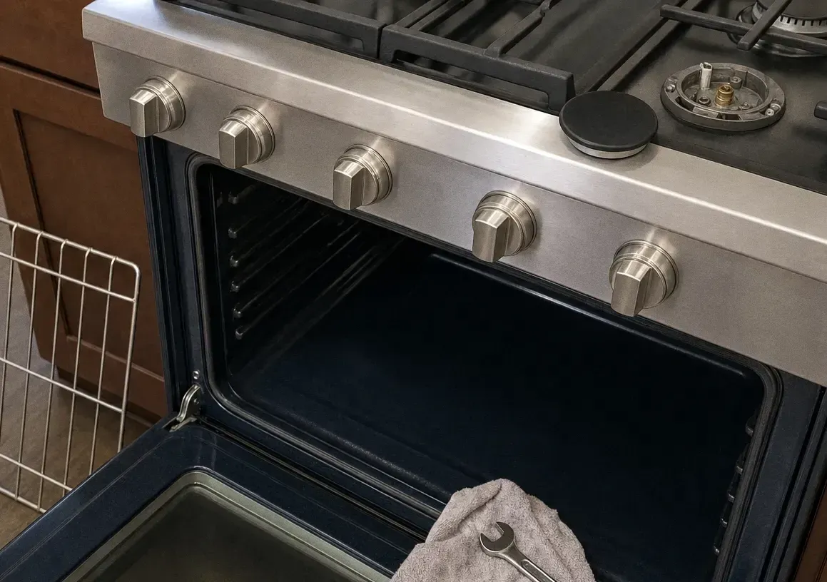 Close view along the control fascia and knobs of a stainless gas range, oven door lowered with a folded towel over the handle