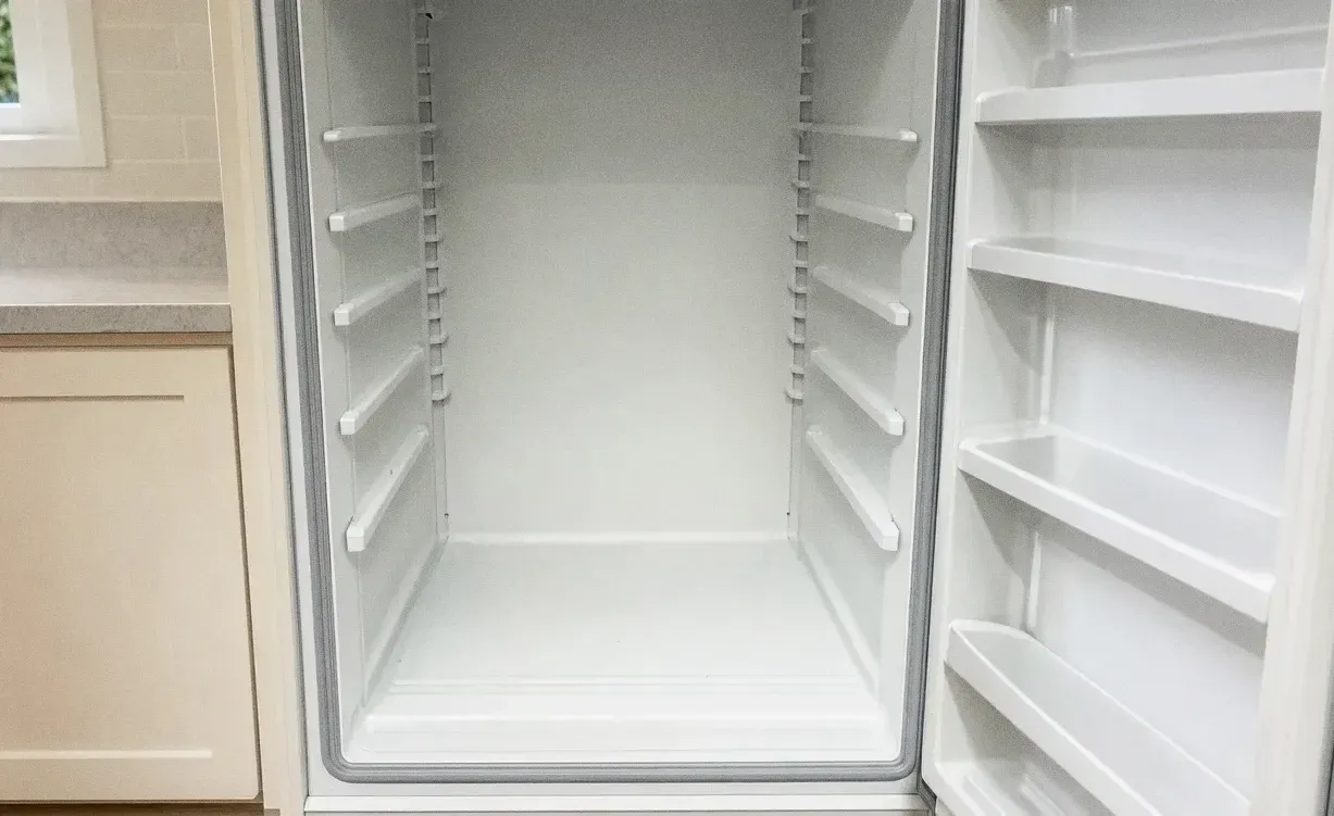 Interior of an empty white refrigerator compartment showing bare shelf supports on the side walls and moulded door shelves
