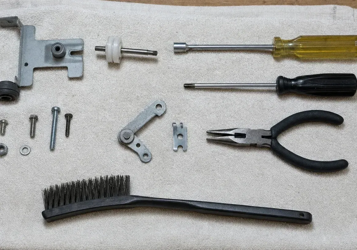 Cast hinge plate, roller spindle and a small linkage on canvas beside a nut driver, screwdrivers, bolts and pliers